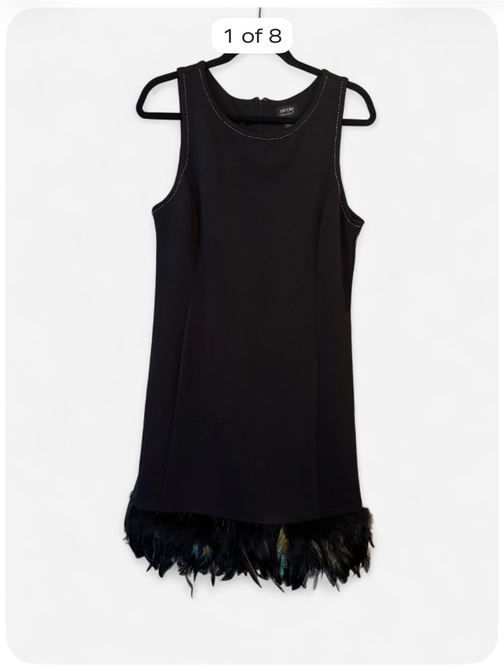 Nicole by Nicole Miller Black Feather Hem Cocktail Dress L NWT Embellished Party